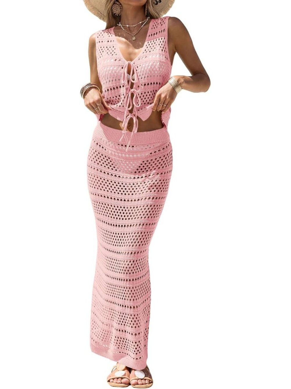 Women's Pink Crop Cardigan Tank Tops Crochet Cover UPS 2 Piece Skirt Sets